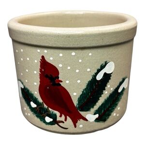 Roseville Ohio Pottery USA R.R.P. 1 Pt Low 10 Oz Cardinal Winter Butter Crock
